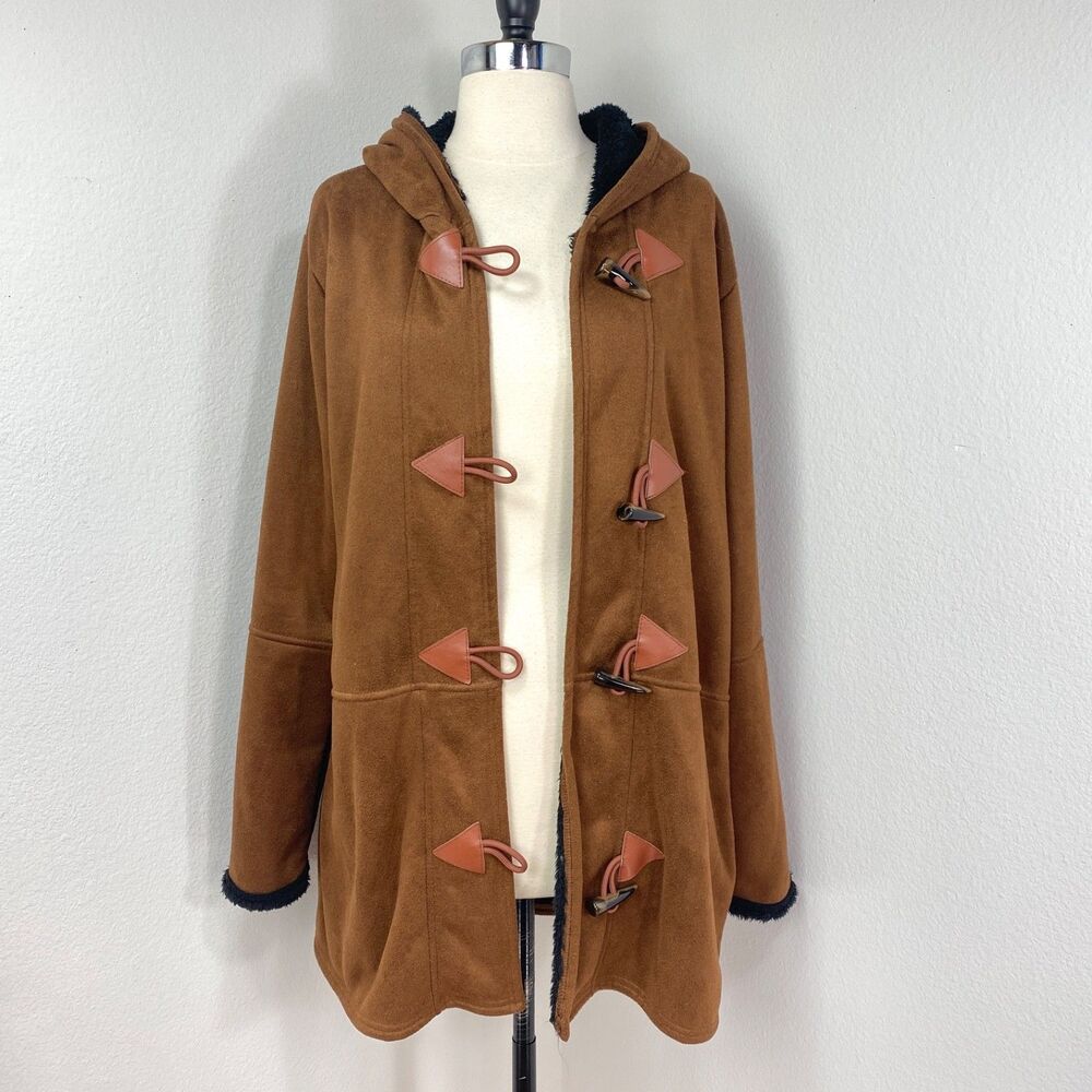 Faux Brown Suede Hooded Coat XL Black Faux Fur Lining Toggle Buttons Lightweight
